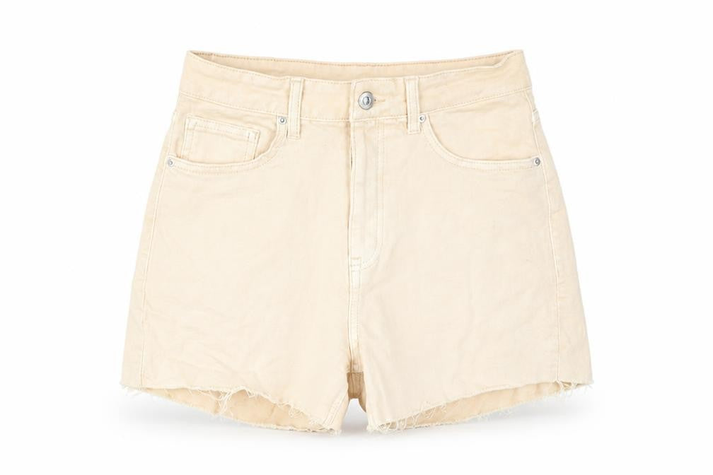 Front view of H&M women’s beige cotton cut-off shorts, size UK 8, 3-inch leg regular zip