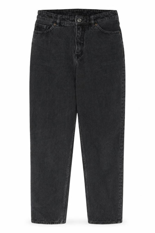 Front view of Monki women’s black cotton mom jeans, size UK 28, in, 28-inch leg regular zip