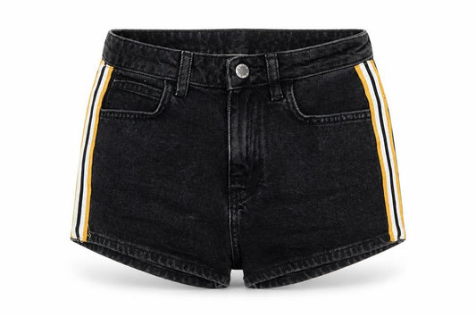 Front view of Denim & Co. women’s black cotton hot pants shorts, size UK 4, 3-inch leg regular zip