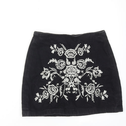 Topshop Womens Black Floral Cotton Mini Skirt Size 8 Zip