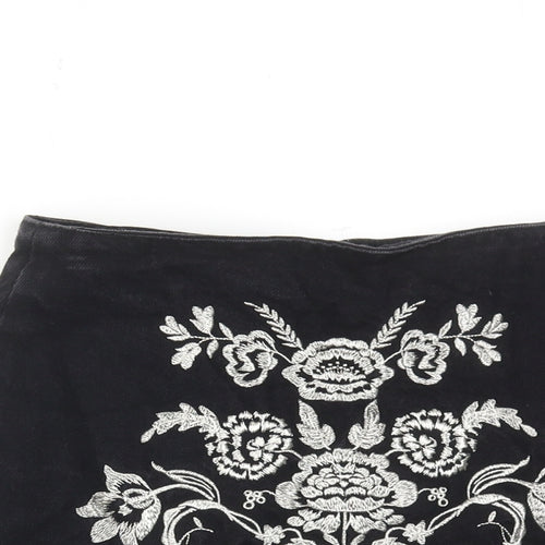 Topshop Womens Black Floral Cotton Mini Skirt Size 8 Zip