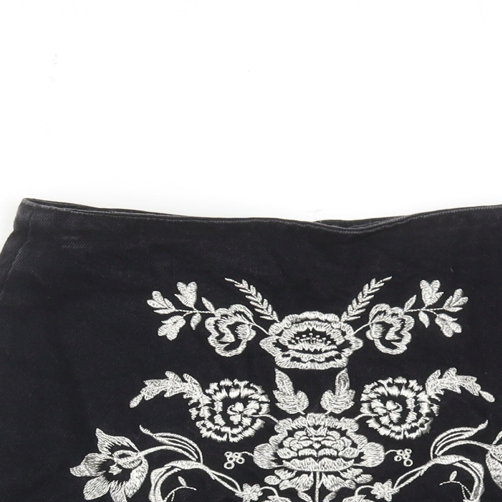 Topshop Womens Black Floral Cotton Mini Skirt Size 8 Zip