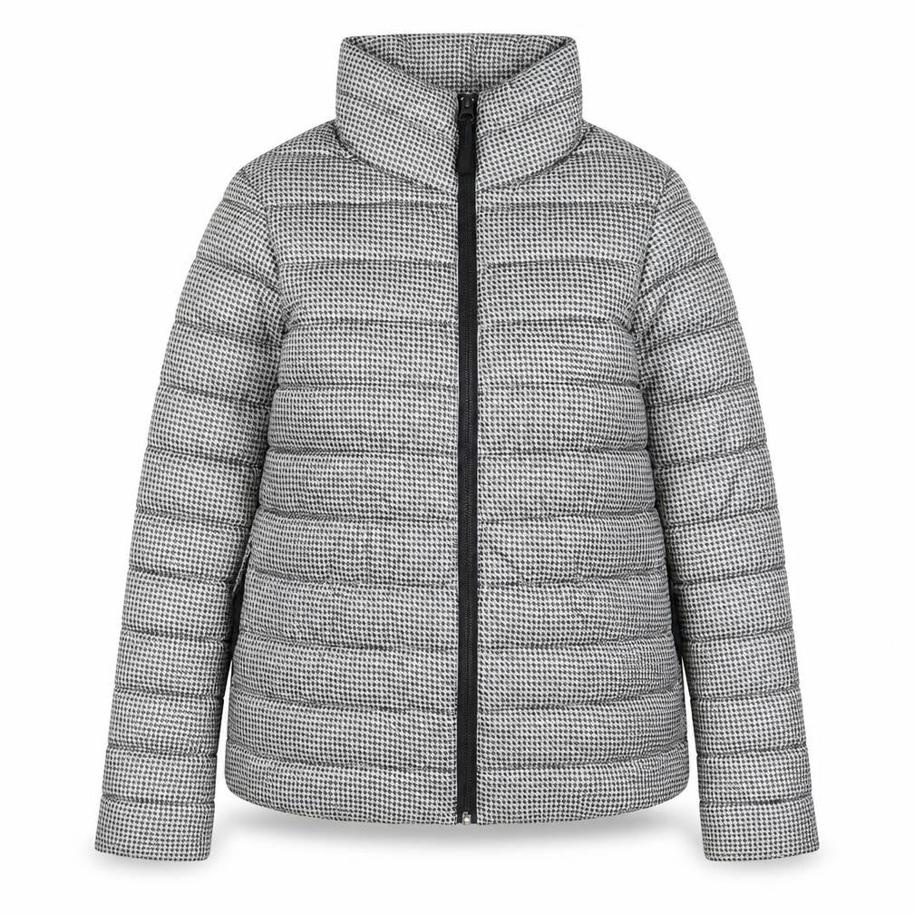Front view of Springfield women’s black geometric quilted jacket, size S, zip