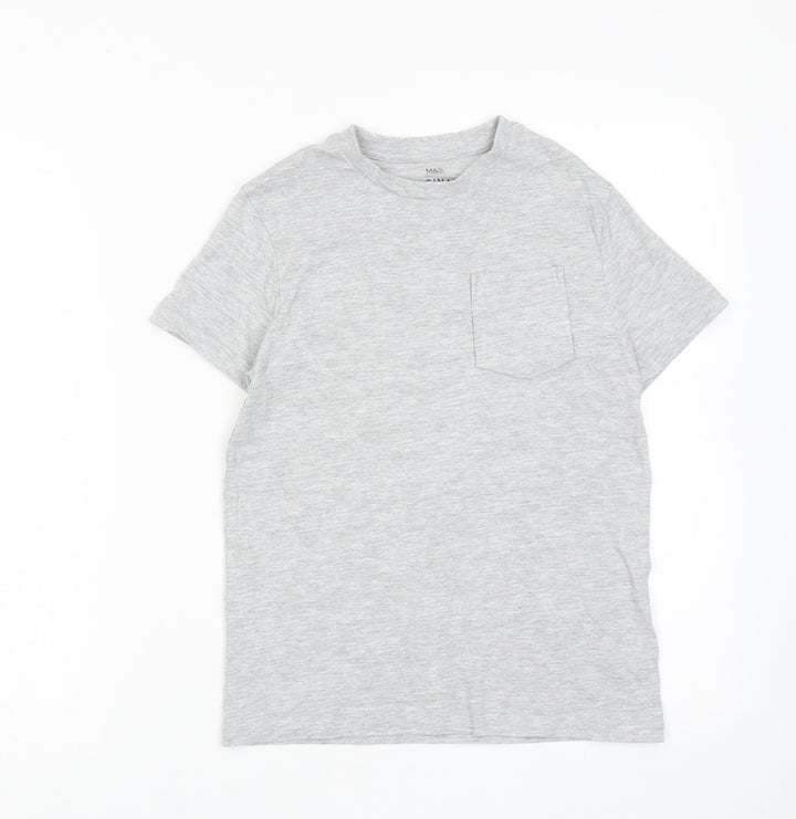 Marks and Spencer Boys Grey Cotton Basic T-Shirt Size 10-11 Years Round Neck Pullover