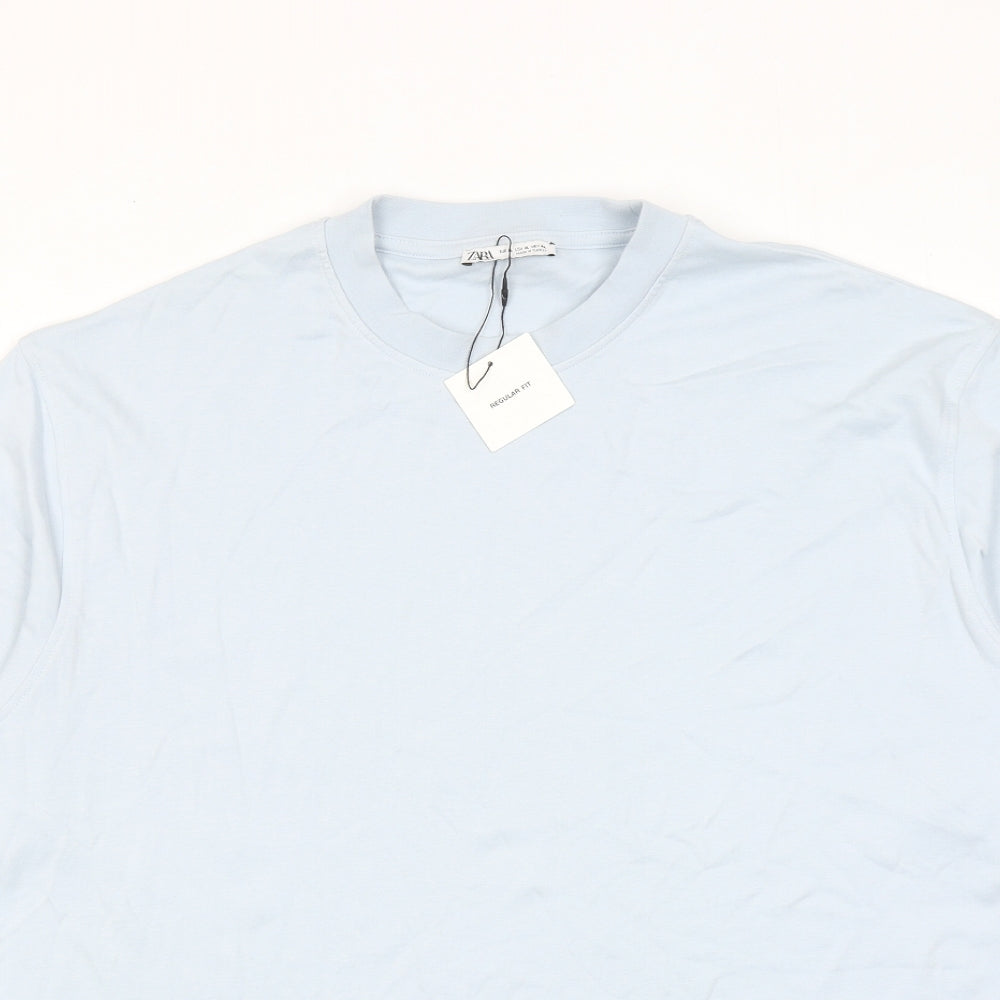 Zara Mens Blue Cotton T-Shirt Size XL Round Neck