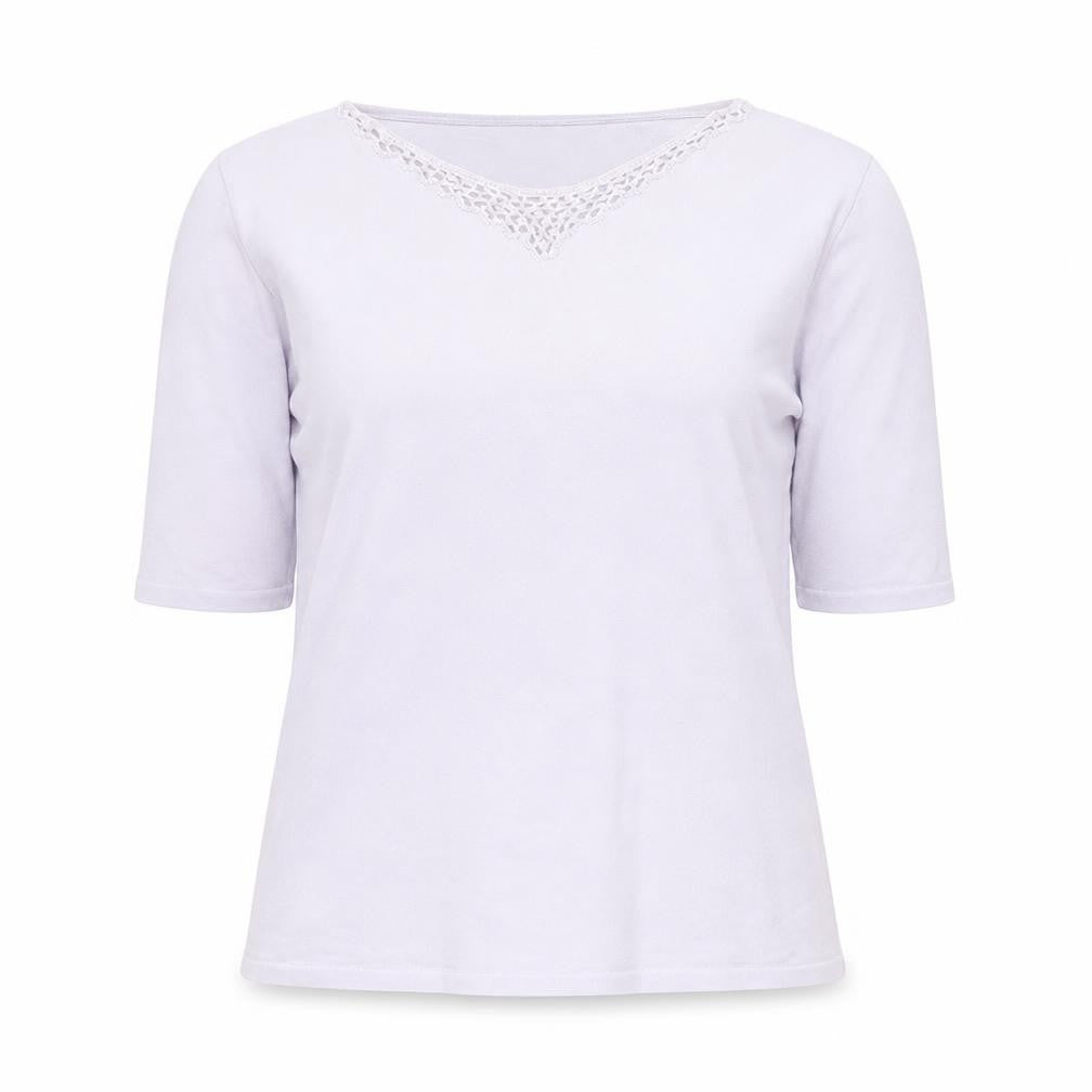 Front view of Country Casuals women’s purple viscose basic blouse, size M, round neck