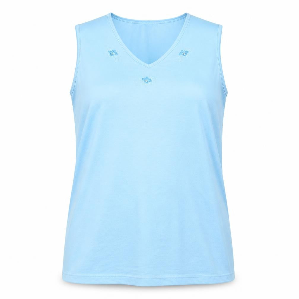 Front view of Hoang women’s blue polyester basic tank, size XL, v-neck