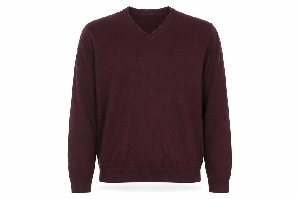 Front view of Next men’s red v-neck cotton jumper, size M, long sleeve