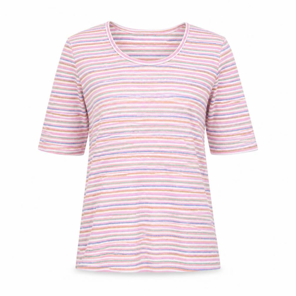 Front view of First Avenue women’s multicoloured striped cotton basic t-shirt, size S, round neck