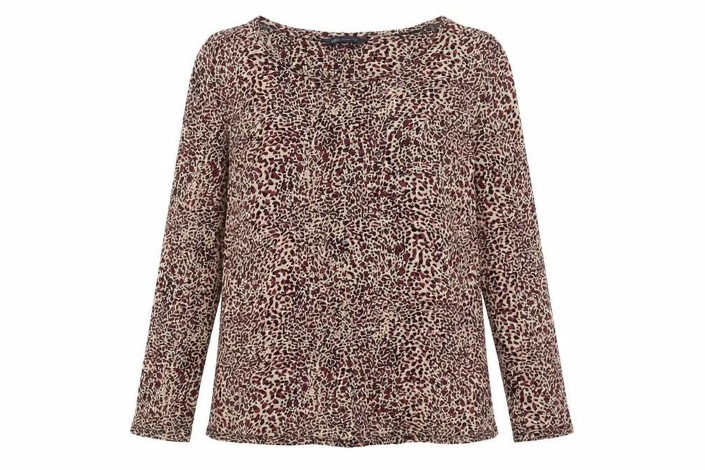 Front view of Marks & Spencer women’s multicoloured animal print viscose basic blouse, size UK 8, round neck - leopard print