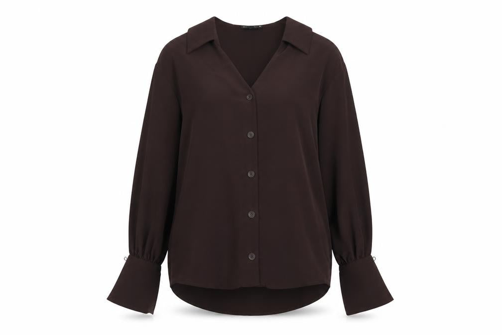 Front view of ASOS women’s brown polyester basic button-up, size UK 8, collared
