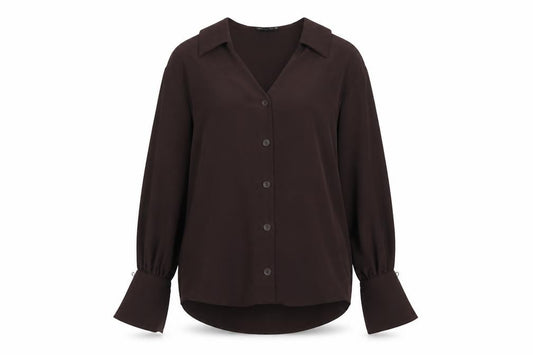 Front view of ASOS women’s brown polyester basic button-up, size UK 8, collared