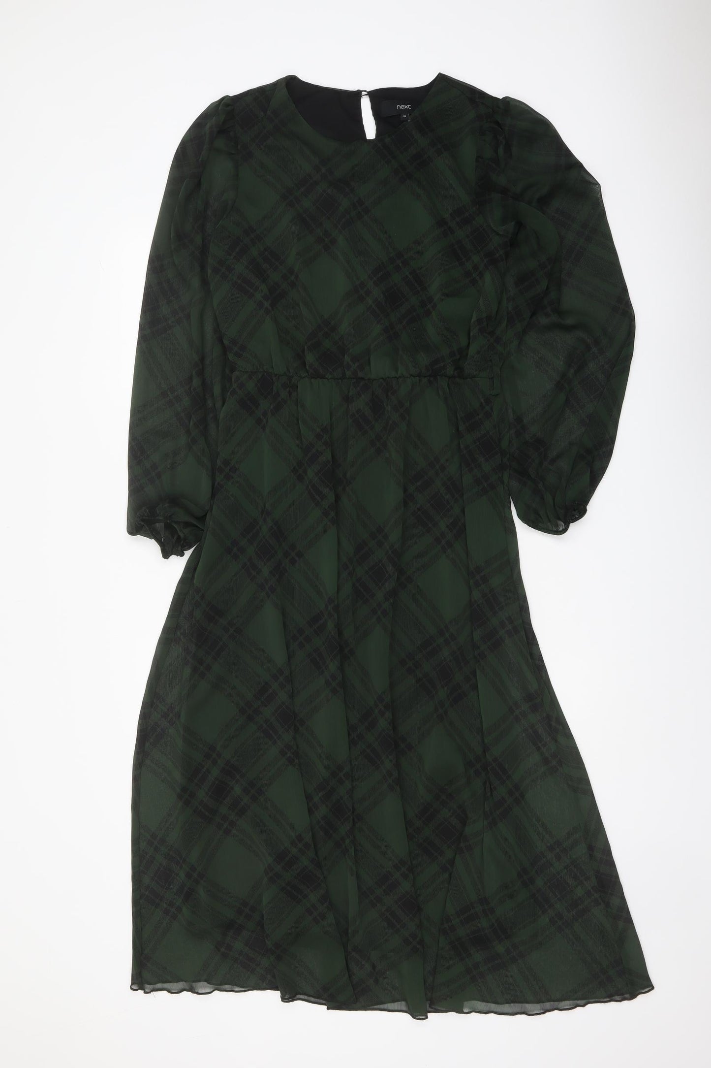 NEXT Womens Green Geometric Polyester A-Line Size 10 Round Neck Button