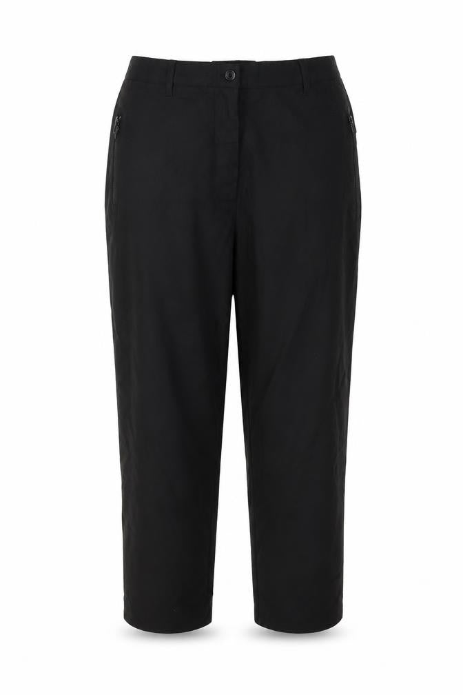 Front view of Amber women’s black polyester trousers, size UK 16, 27-inch leg regular button