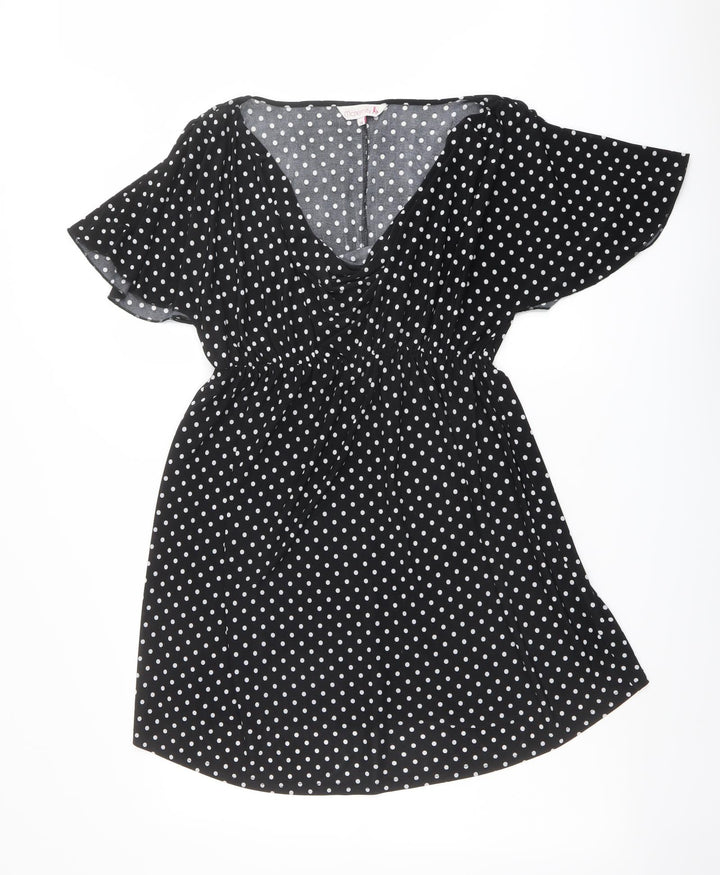 Red Herring Womens Black Polka Dot Polyester A-Line Size 10 V-Neck Pullover