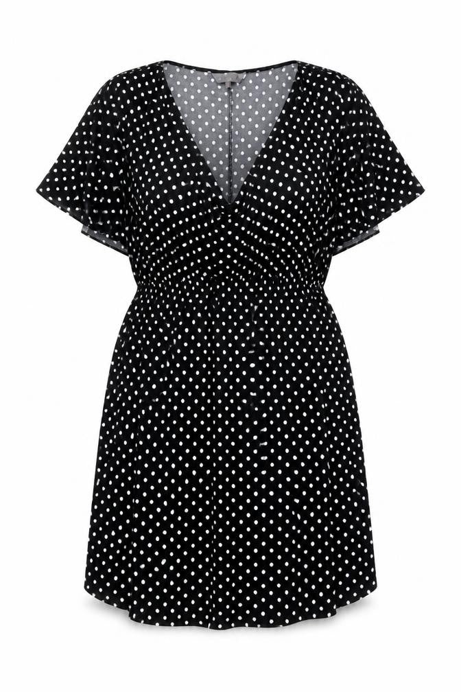 Front view of Red Herring women’s black polka dot polyester a-line, size UK 10, v-neck pullover