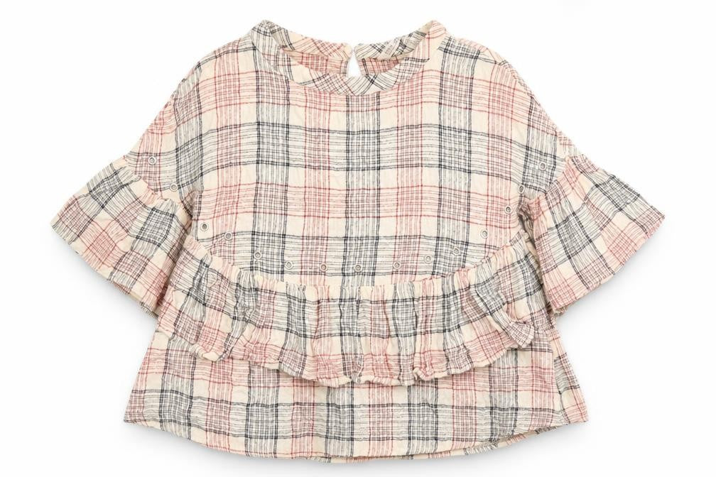 Front view of Zara women’s beige plaid viscose basic blouse, size M, boat neck