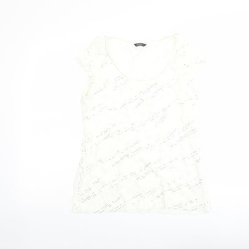 Roman Womens Ivory Geometric Polyester Basic T-Shirt Size 12 Scoop Neck