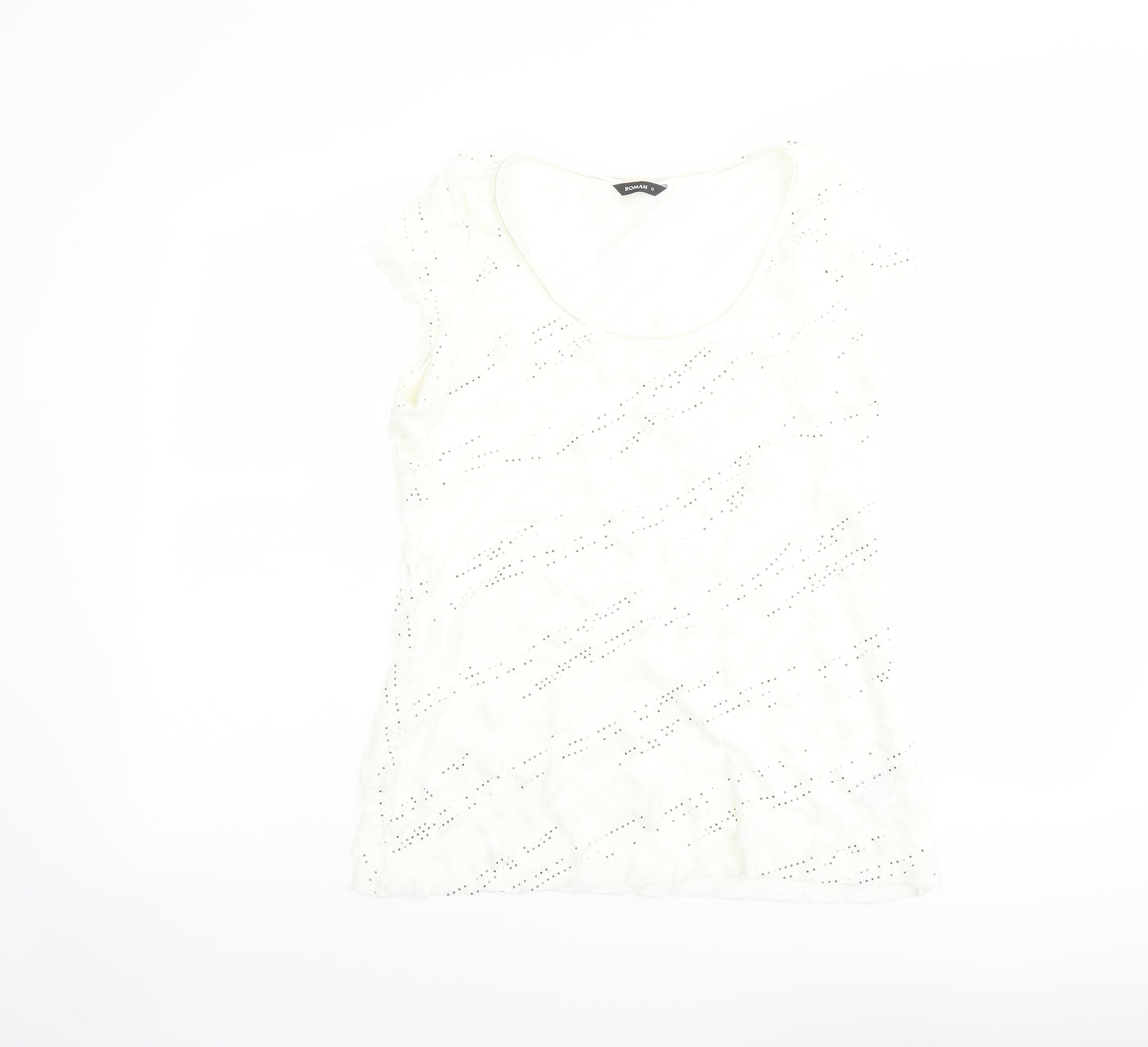 Roman Womens Ivory Geometric Polyester Basic T-Shirt Size 12 Scoop Neck