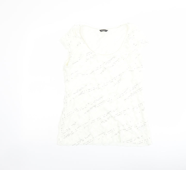 Roman Womens Ivory Geometric Polyester Basic T-Shirt Size 12 Scoop Neck