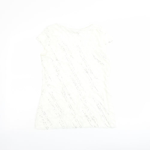 Roman Womens Ivory Geometric Polyester Basic T-Shirt Size 12 Scoop Neck