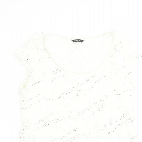 Roman Womens Ivory Geometric Polyester Basic T-Shirt Size 12 Scoop Neck