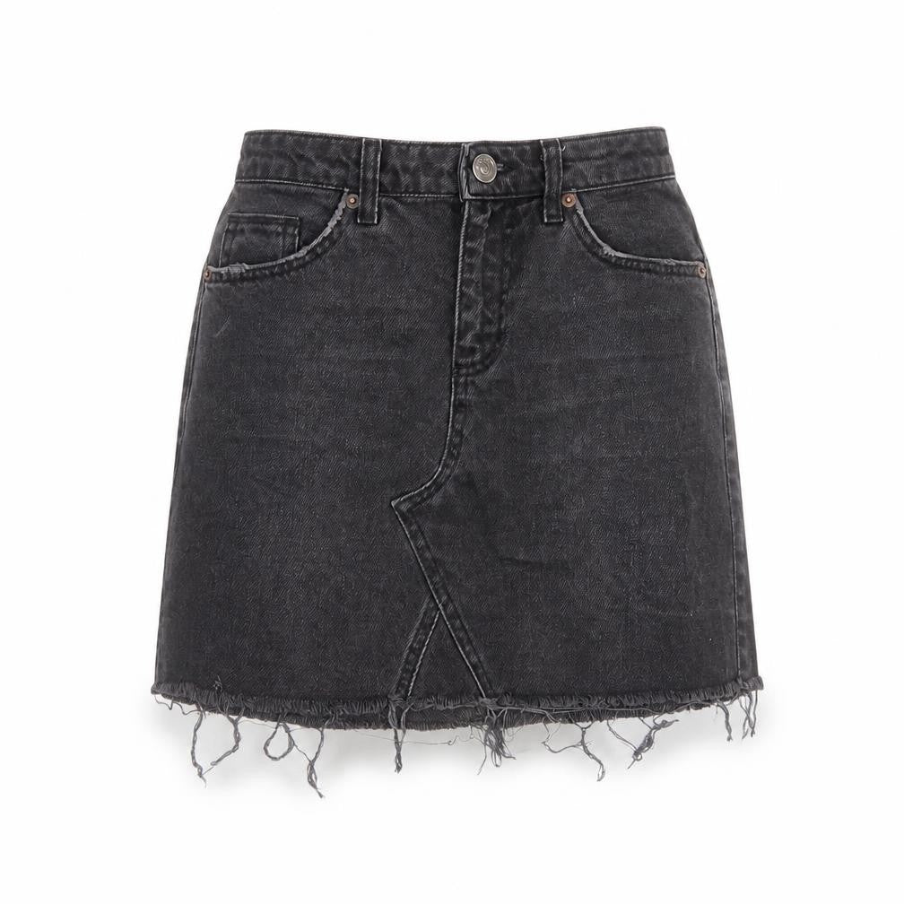Front view of BDG women’s grey cotton mini skirt, size XS, button
