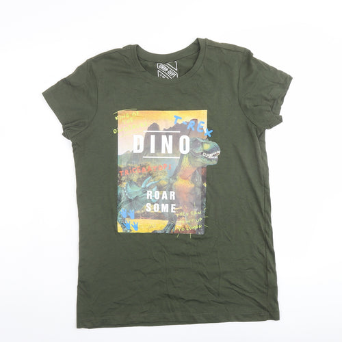 URBN-DEPT Boys Green Cotton Basic T-Shirt Size 13 Years Round Neck Pullover - T-Rex Dinosaur