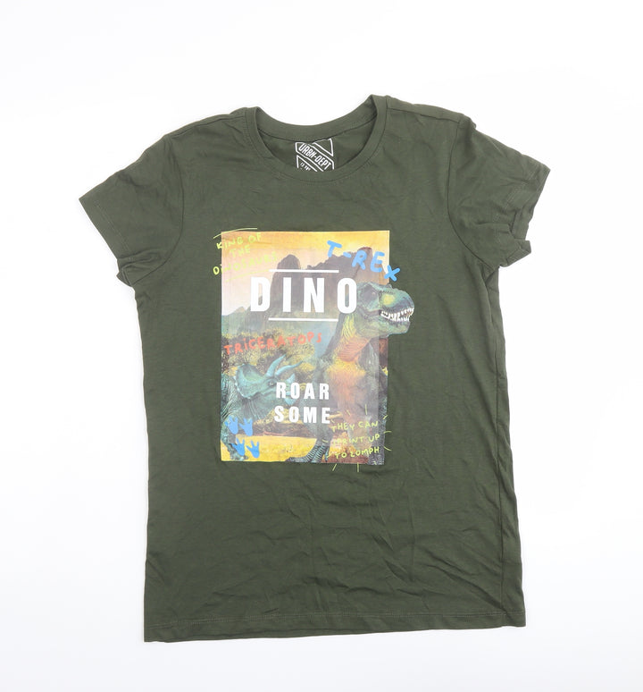 URBN-DEPT Boys Green Cotton Basic T-Shirt Size 13 Years Round Neck Pullover - T-Rex Dinosaur