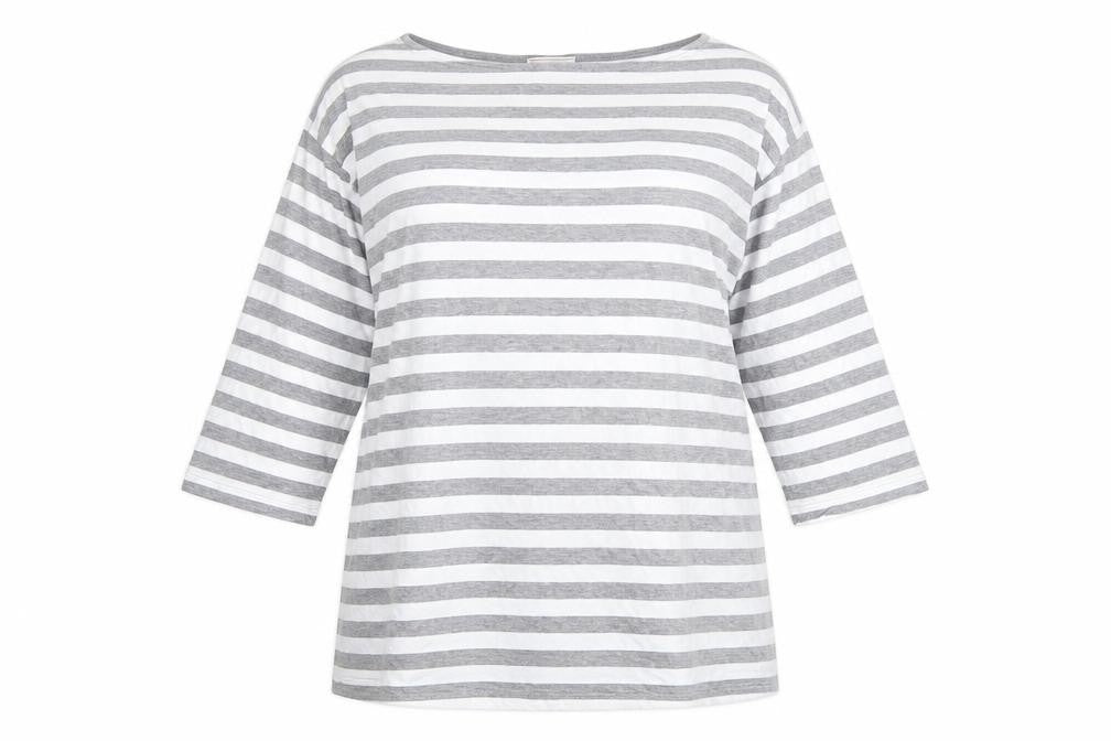 Front view of Gap women’s grey striped polyester basic t-shirt, size XS, boat neck