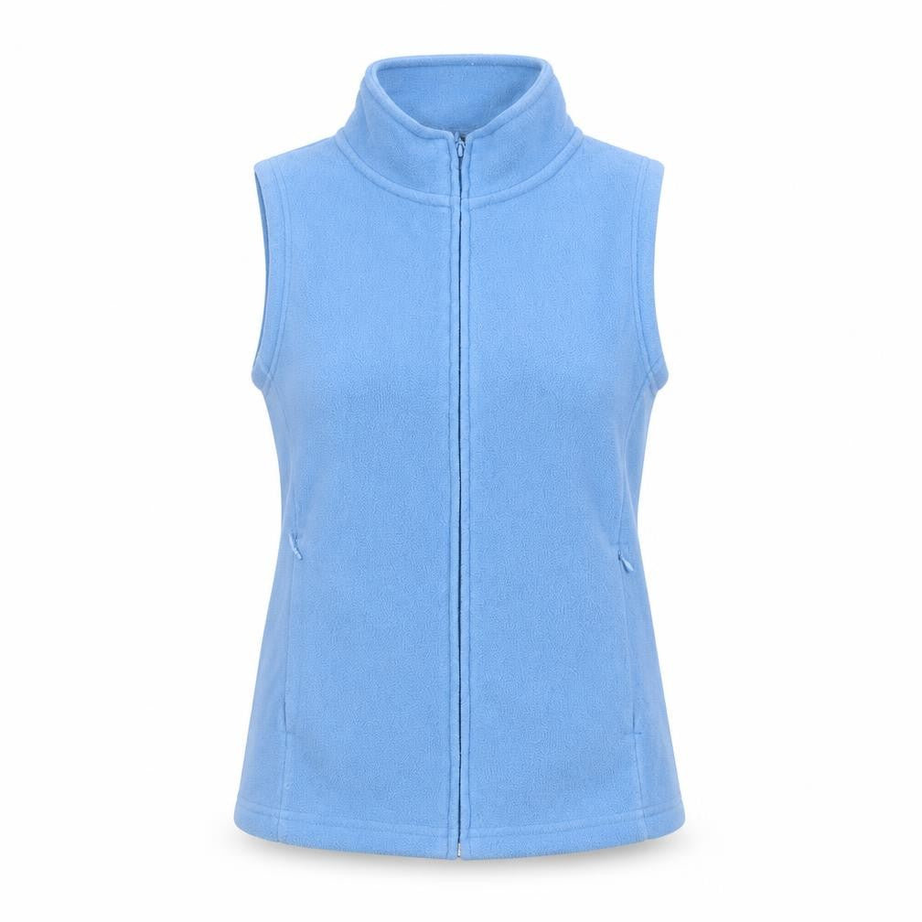 Front view of EWM women’s blue gilet jacket, size UK 10, zip