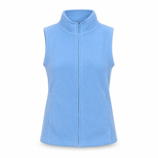 Front view of EWM women’s blue gilet jacket, size UK 10, zip