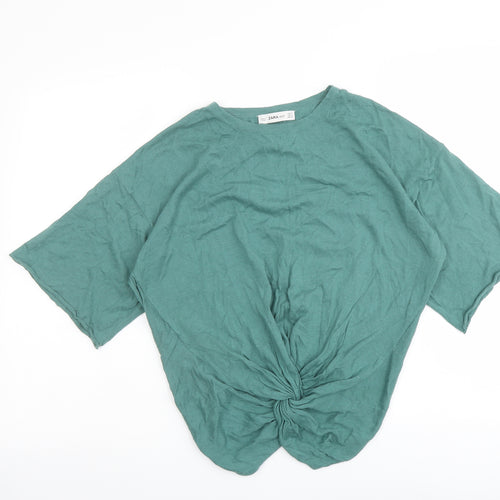 Zara Womens Green Round Neck Cotton Pullover Jumper Size S - Knot Front