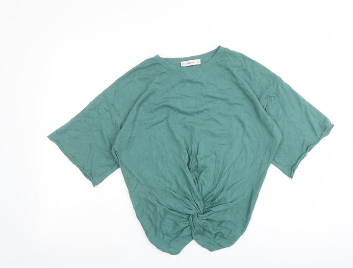Zara Womens Green Round Neck Cotton Pullover Jumper Size S - Knot Front