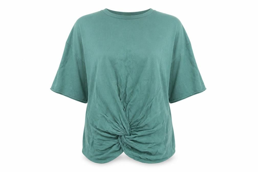 Front view of Zara women’s green round neck cotton jumper, size S, - knot front
