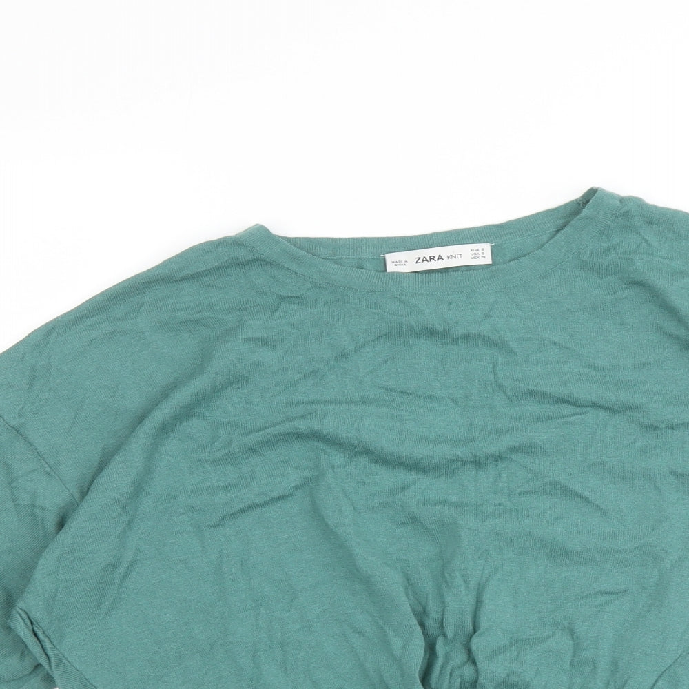 Zara Womens Green Round Neck Cotton Pullover Jumper Size S - Knot Front