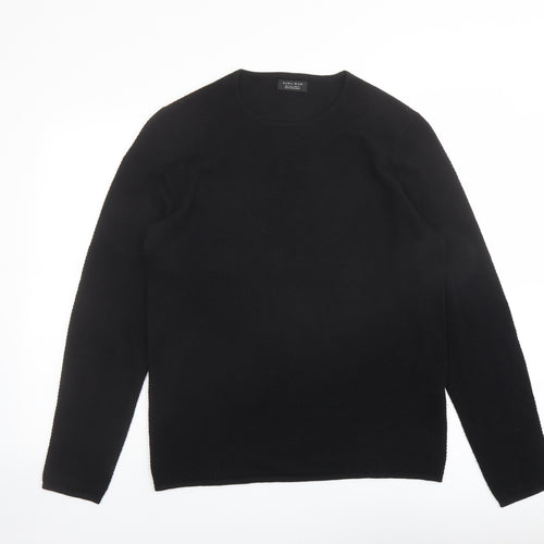 Zara Mens Black Round Neck Cotton Pullover Jumper Size L Long Sleeve