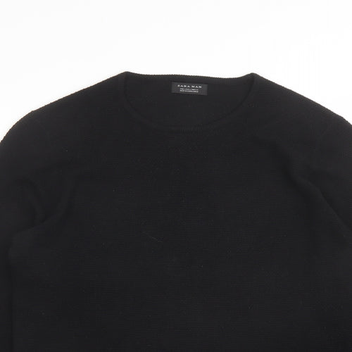 Zara Mens Black Round Neck Cotton Pullover Jumper Size L Long Sleeve