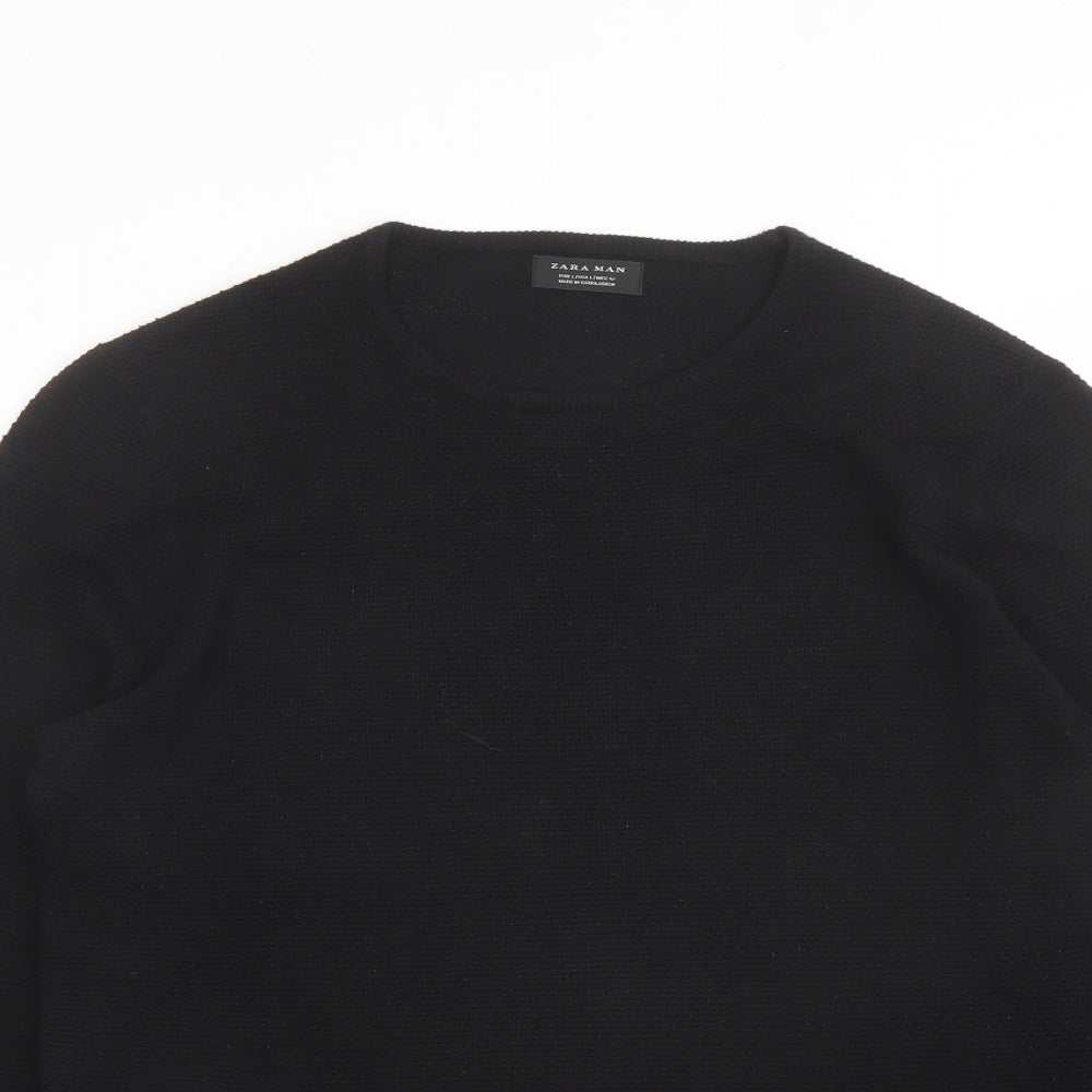 Zara Mens Black Round Neck Cotton Pullover Jumper Size L Long Sleeve