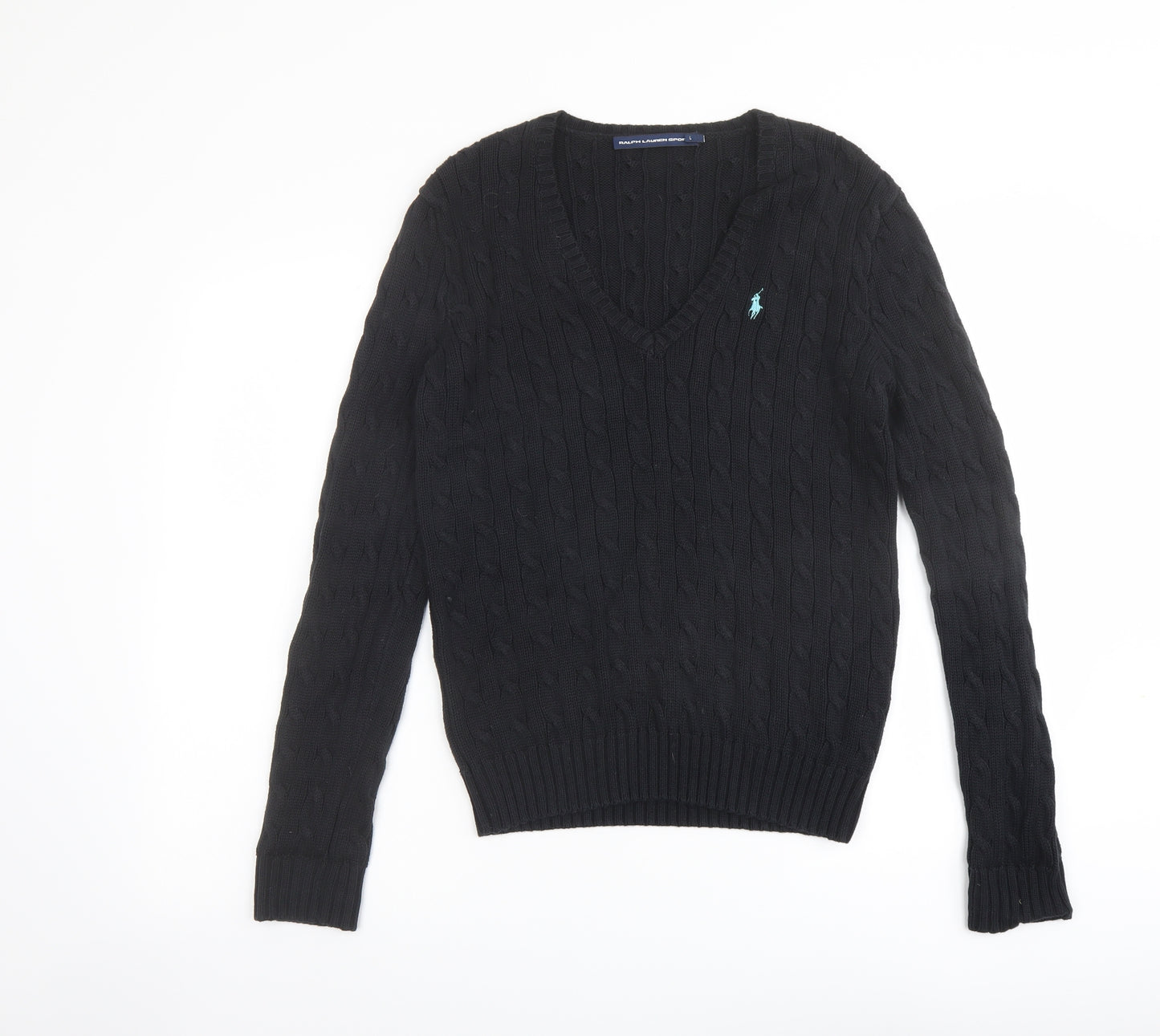 Polo Ralph Lauren Womens Black V-Neck Cotton Pullover Jumper Size L