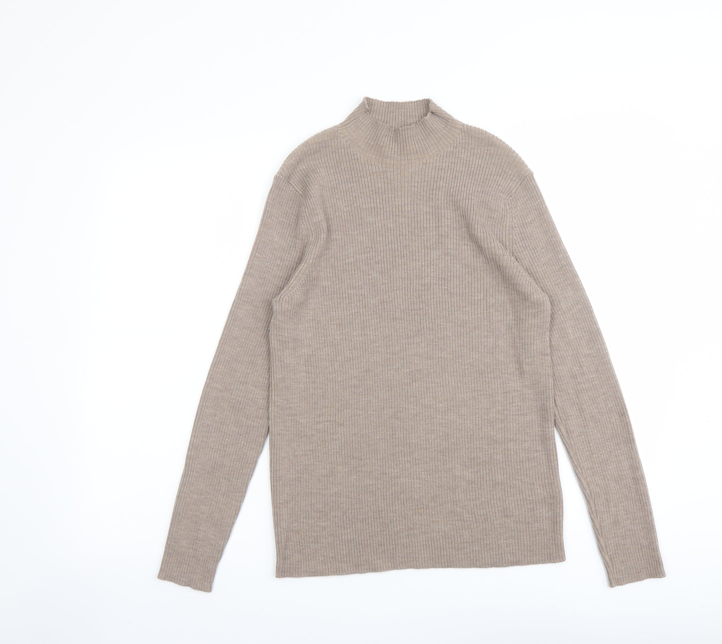 Marks and Spencer Womens Beige High Neck Wool Pullover Jumper Size 14