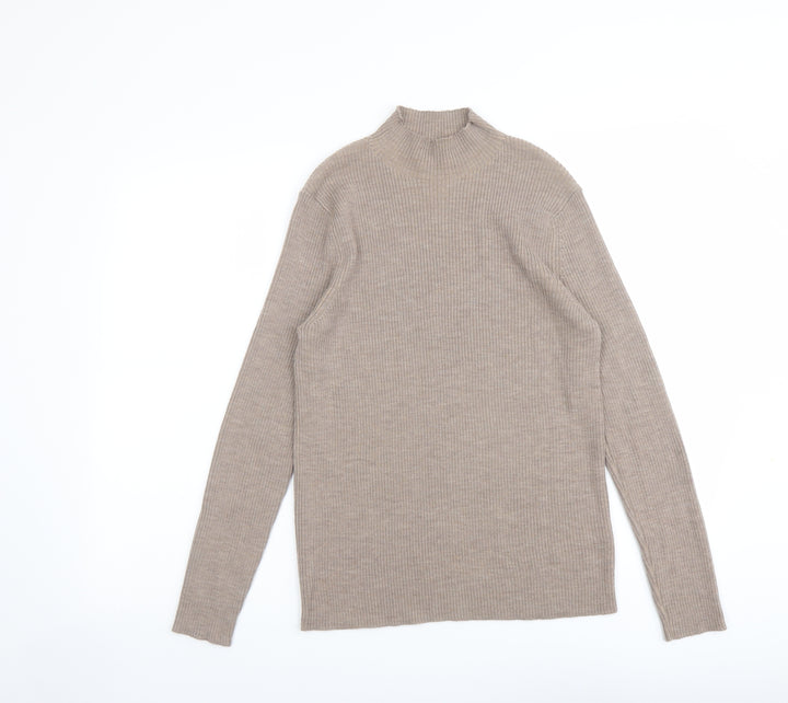 Marks and Spencer Womens Beige High Neck Wool Pullover Jumper Size 14