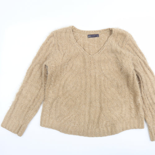 Marks and Spencer Womens Beige V-Neck Polyester Pullover Jumper Size M