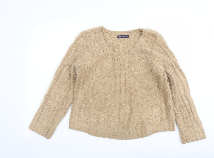 Marks and Spencer Womens Beige V-Neck Polyester Pullover Jumper Size M