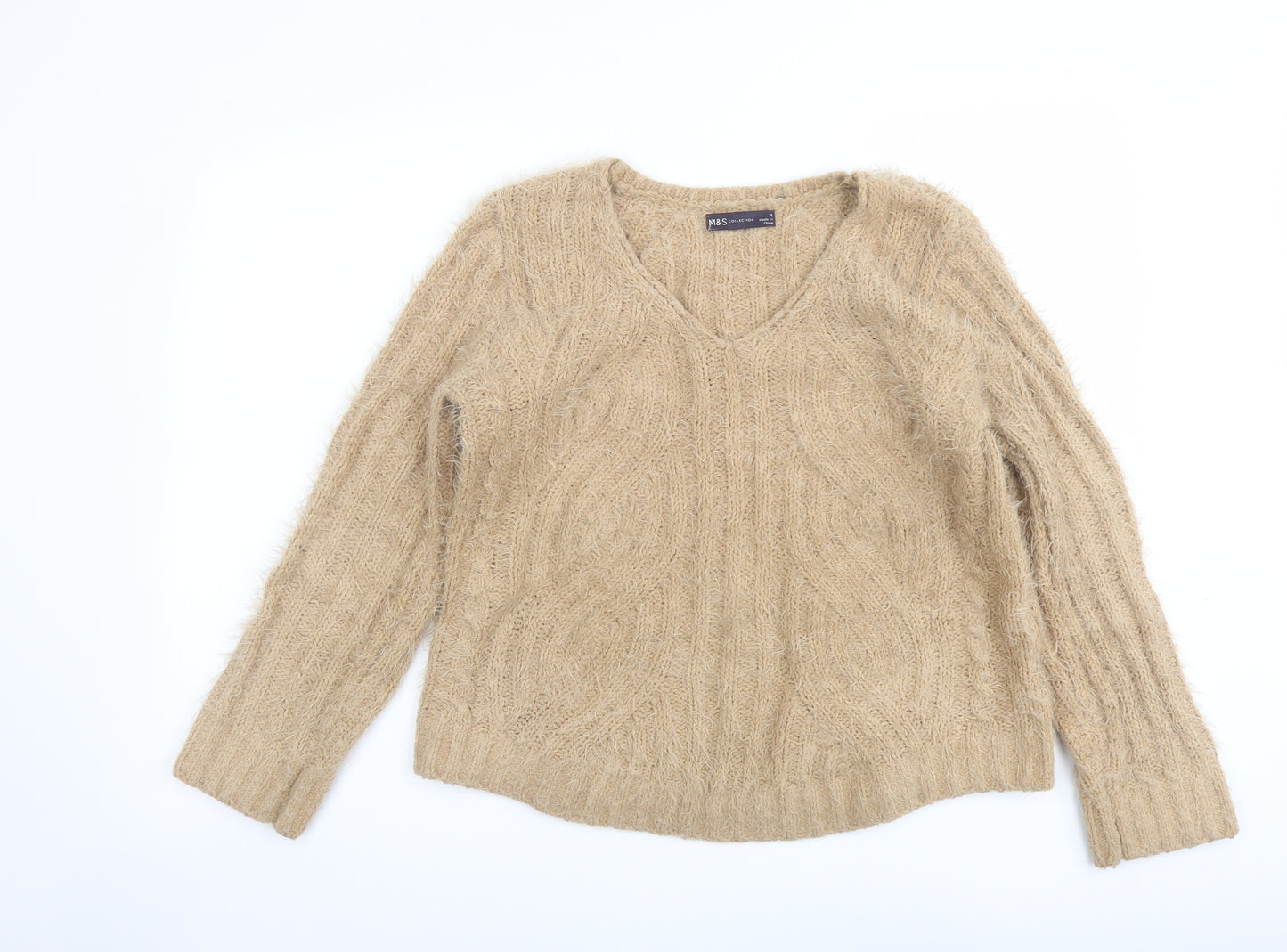 Marks and Spencer Womens Beige V-Neck Polyester Pullover Jumper Size M