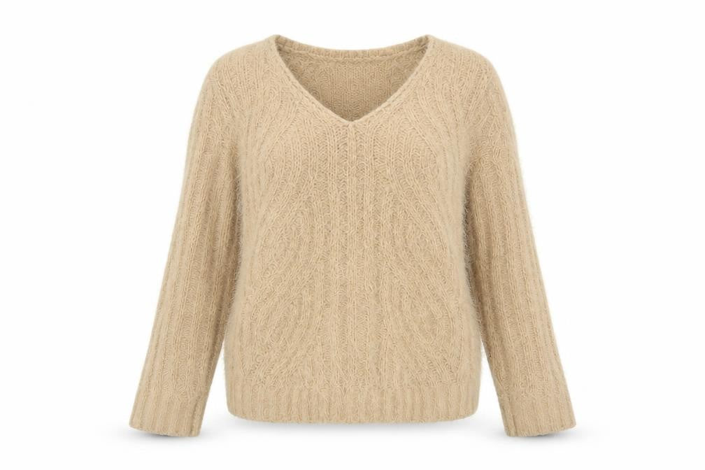 Front view of Marks & Spencer women’s beige v-neck polyester jumper, size M