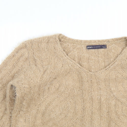 Marks and Spencer Womens Beige V-Neck Polyester Pullover Jumper Size M