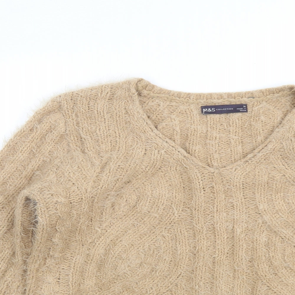 Marks and Spencer Womens Beige V-Neck Polyester Pullover Jumper Size M