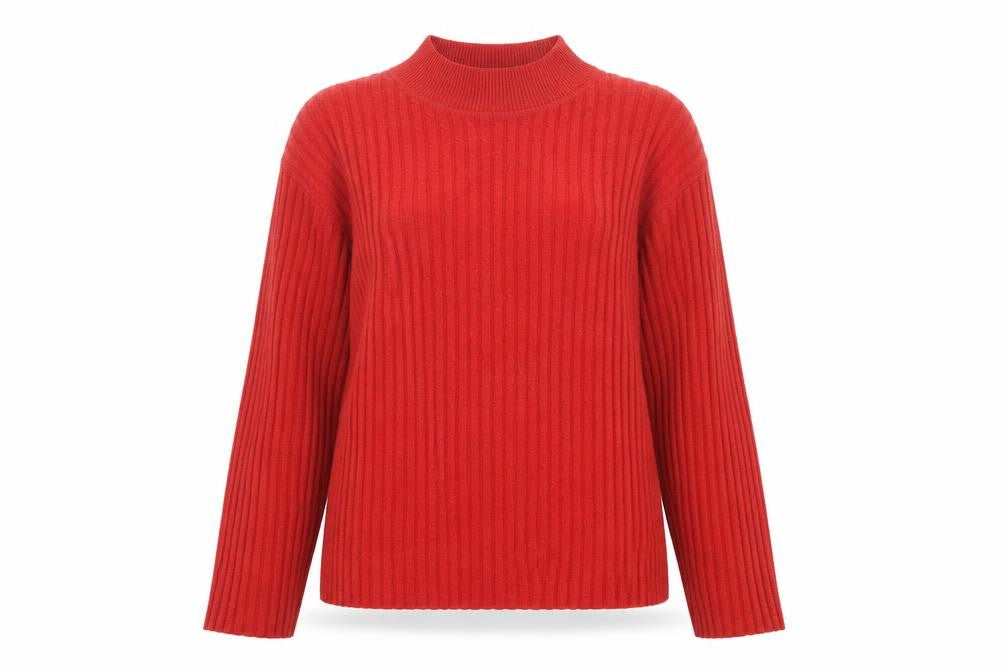 Front view of Emerco women’s red high neck acrylic jumper, size UK 8