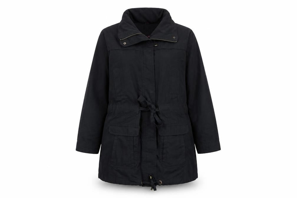 Front view of Monsoon women’s black overcoat coat, size UK 12, zip